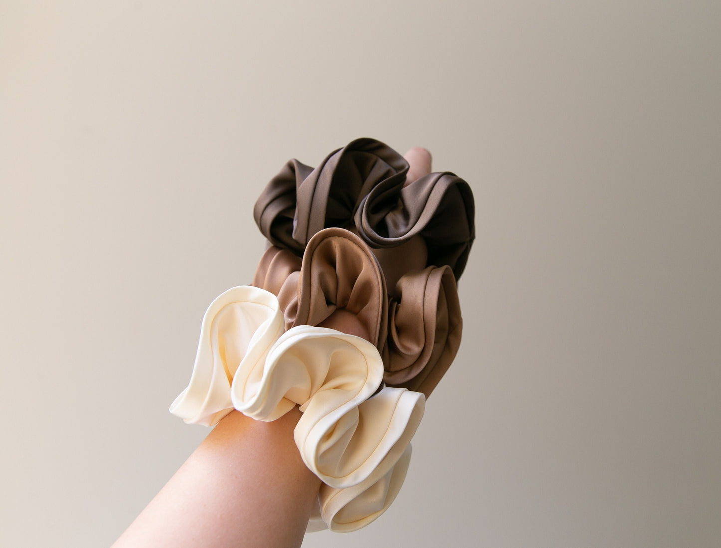 High Quality Satin Women Scrunchie - Beige Sienna Brown, Chic and Minimalistic, Sophisticated Elegance Oversize Fashion hair tie Handmade