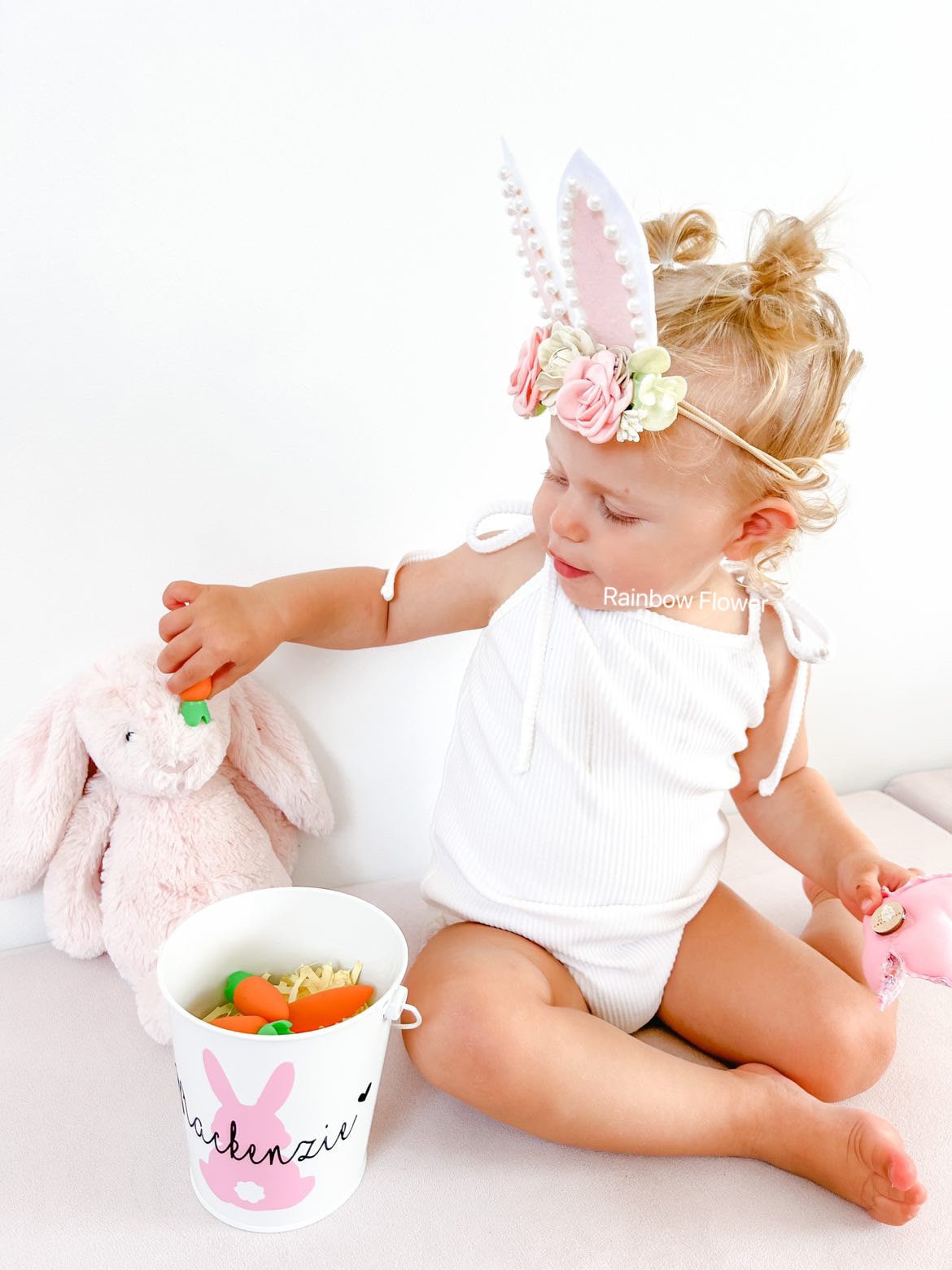 Easter Bunny headband for Baby Girl Toddler, Oversized bunny ears 5 inches Handmade Pink Beige Pearl Easter headband flower headband gift