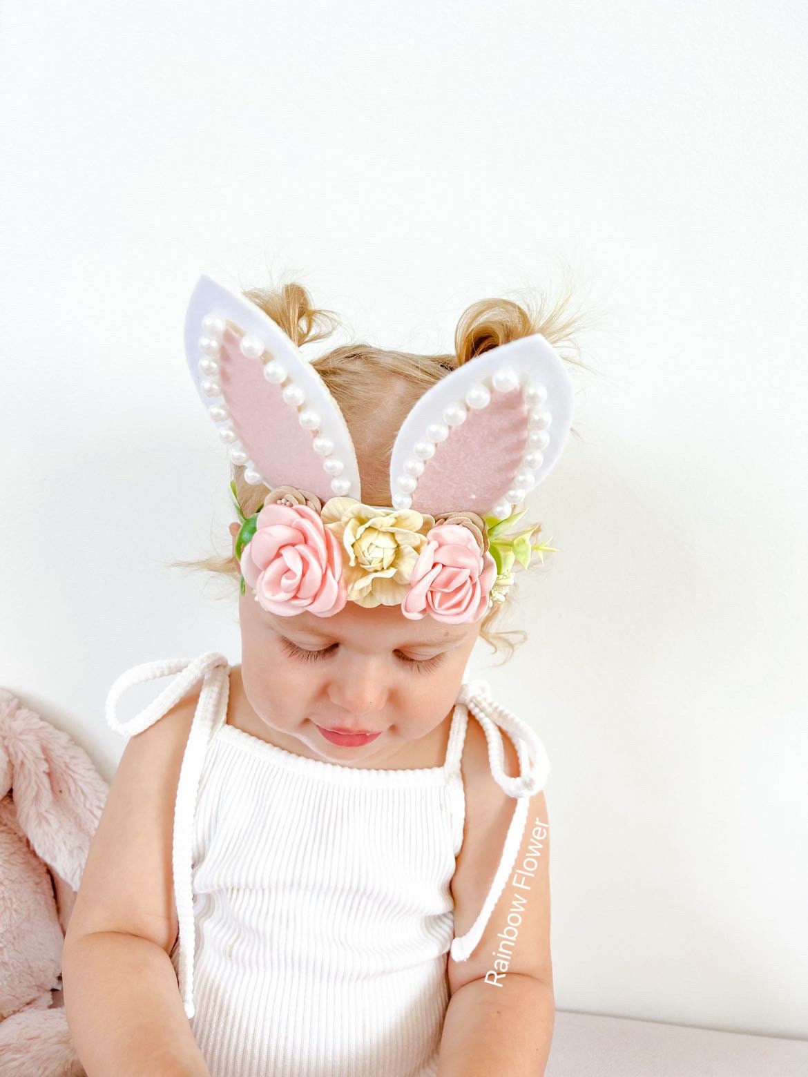 Cute bunny headband for Baby Girl Toddler, Bunny Ears 5 inches Extra Large Pink Beige Pearl Easter Egg Big flower floral party gift