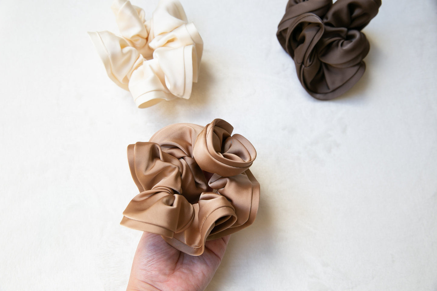 High Quality Satin Women Scrunchie - Beige Sienna Brown, Chic and Minimalistic, Sophisticated Elegance Oversize Fashion hair tie Handmade