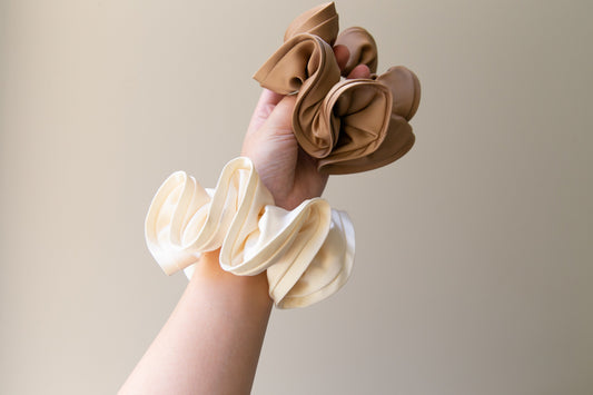 High Quality Satin Women Scrunchie - Beige Sienna Brown, Chic and Minimalistic, Sophisticated Elegance Oversize Fashion hair tie Handmade