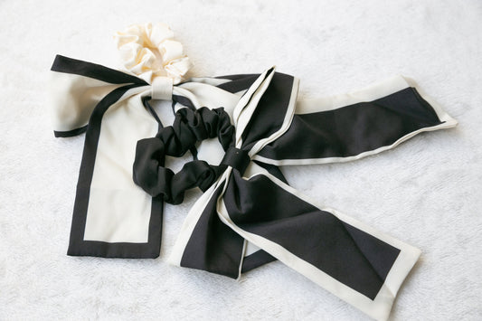 High Quality Satin Scrunchie with Oversize Bow - Effortless Chic Classic Timeless Elegant Style - Black and White - Women's Hair Accessory