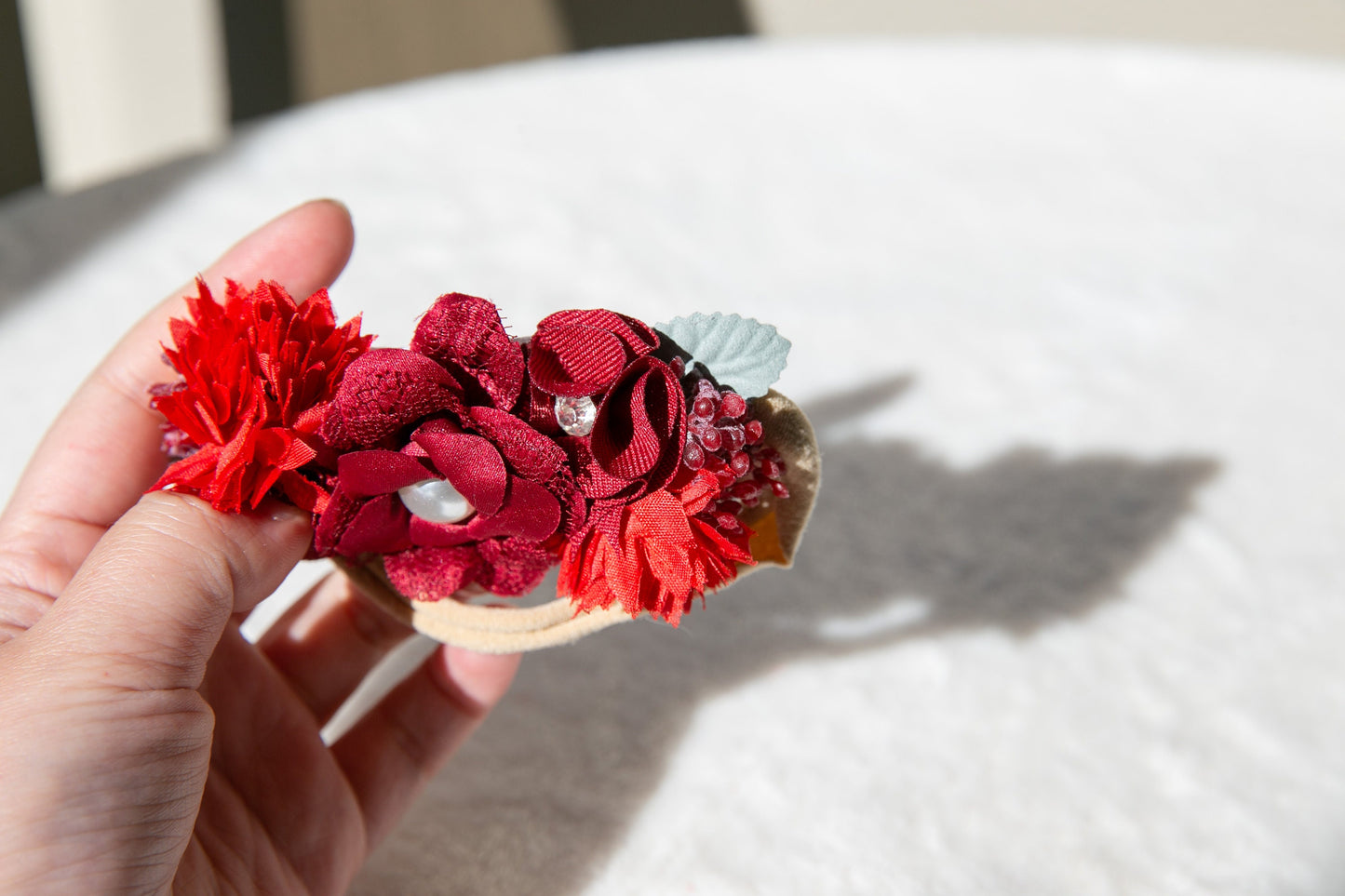 Red Delicate Headband for baby and Toddlers, Adorned with Rhinestone Pearls and Beautiful Red Flowers Perfect for Photoshoot Props and Gifts