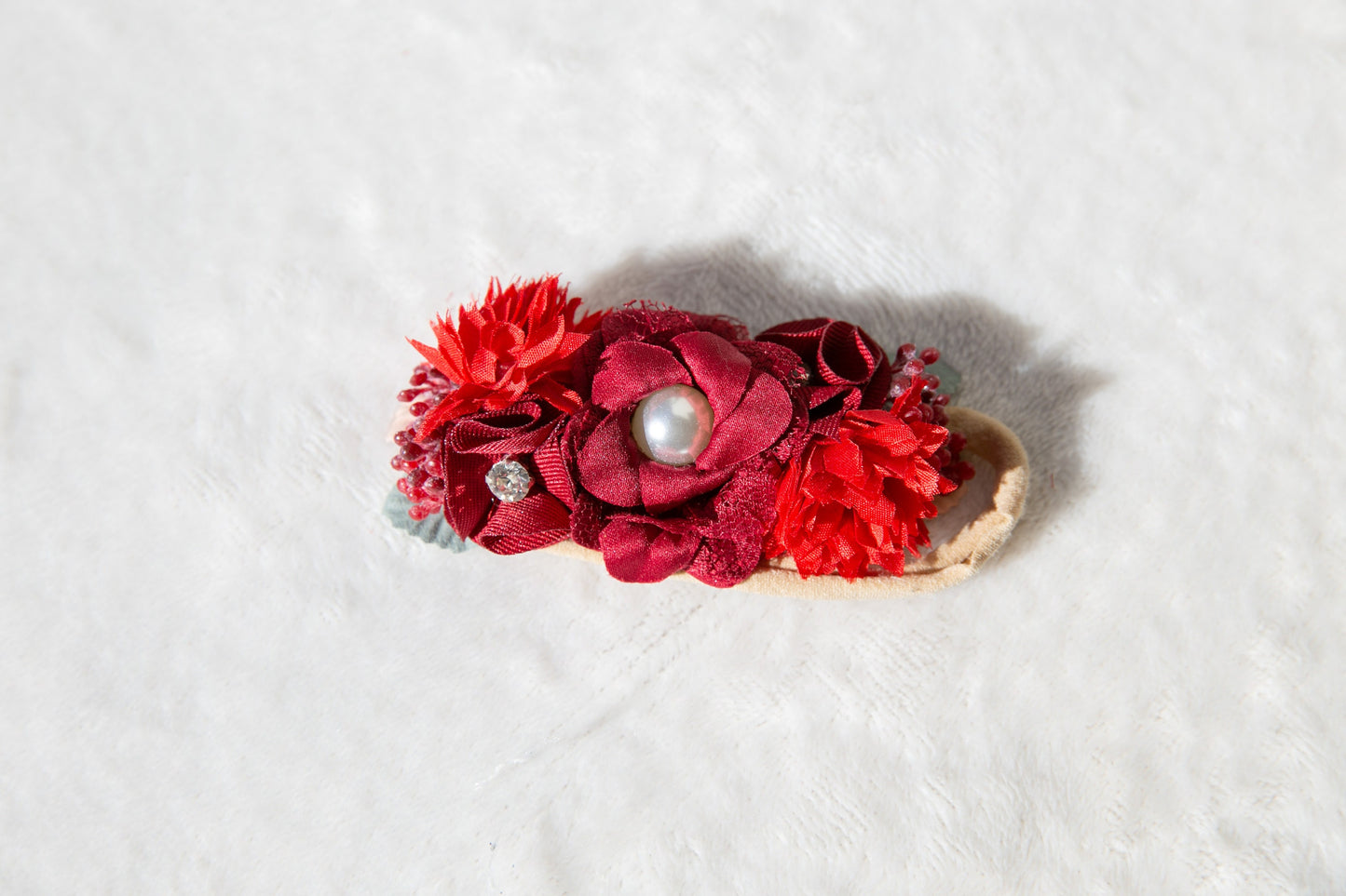 Red Delicate Headband for baby and Toddlers, Adorned with Rhinestone Pearls and Beautiful Red Flowers Perfect for Photoshoot Props and Gifts