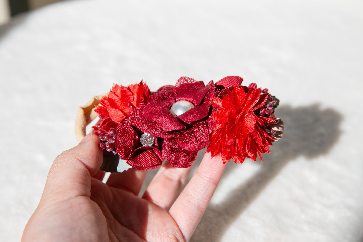 Red Delicate Headband for baby and Toddlers, Adorned with Rhinestone Pearls and Beautiful Red Flowers Perfect for Photoshoot Props and Gifts