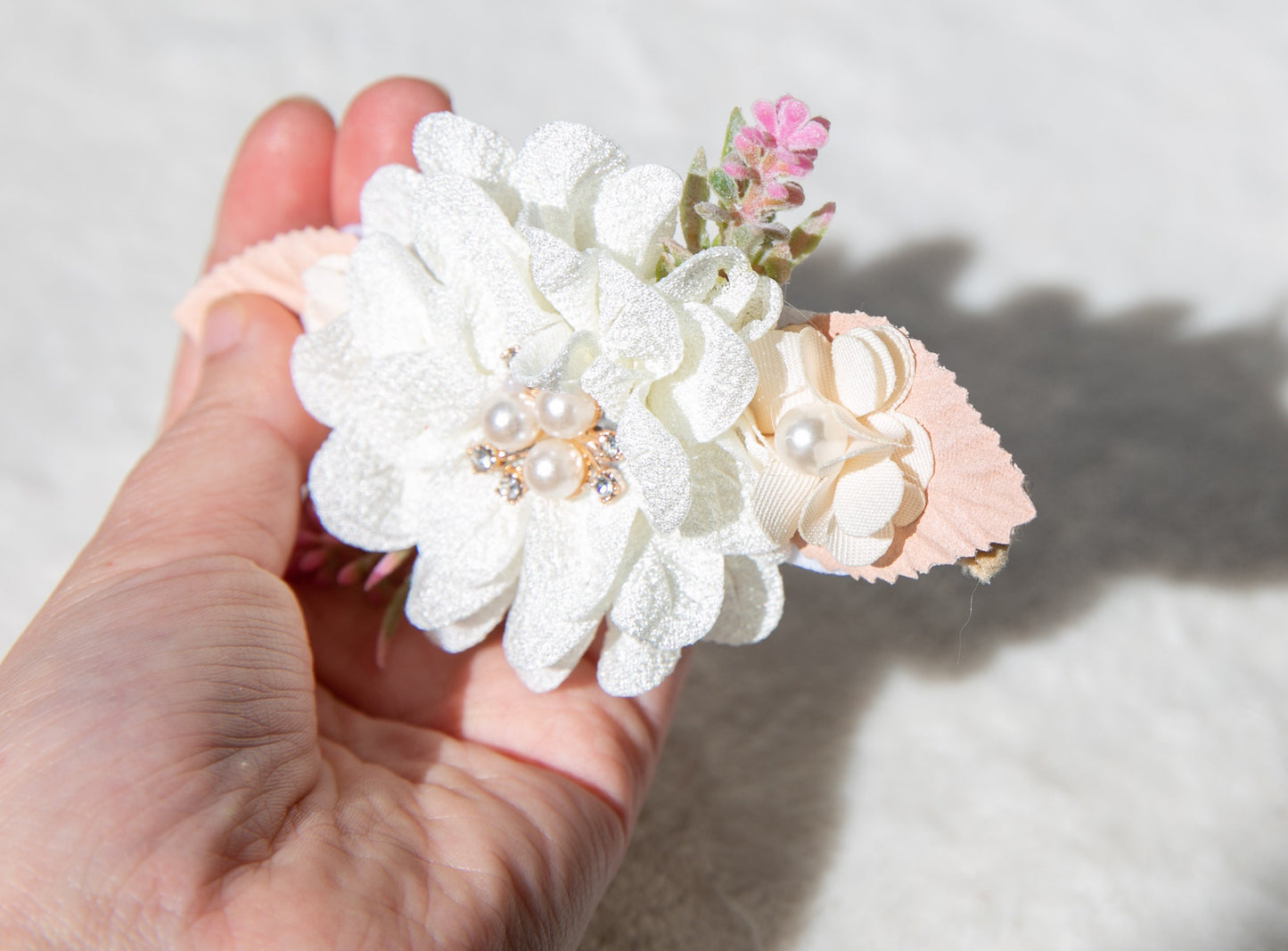 White beige Delicate baby Toddlers Headband, Adorned with Rhinestone Pearls and Beautiful Red Flowers Perfect for Photoshoot Props Gifts