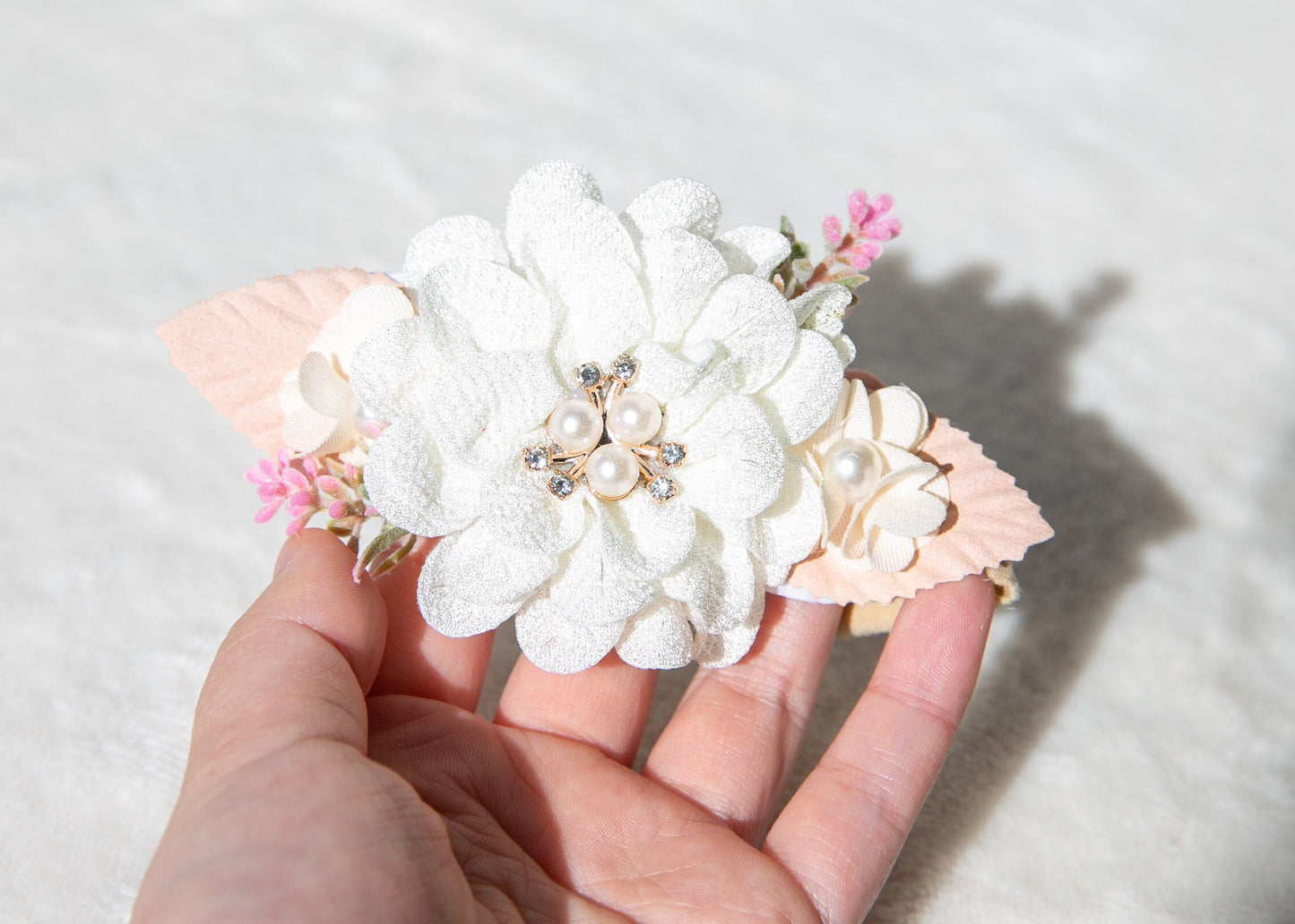 White beige Delicate baby Toddlers Headband, Adorned with Rhinestone Pearls and Beautiful Red Flowers Perfect for Photoshoot Props Gifts