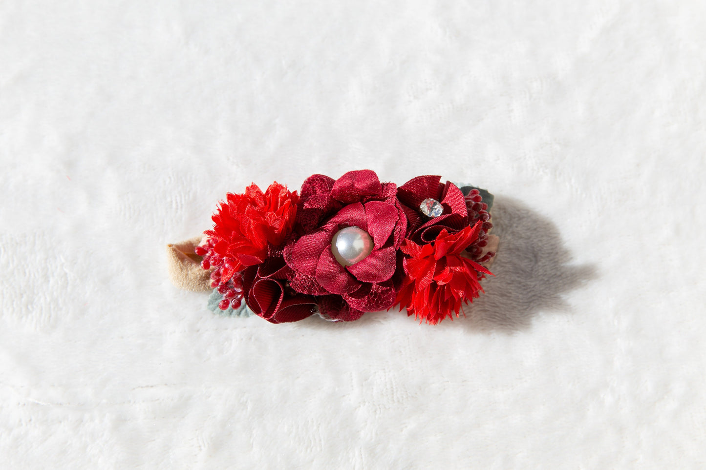 Red Delicate Headband for baby and Toddlers, Adorned with Rhinestone Pearls and Beautiful Red Flowers Perfect for Photoshoot Props and Gifts