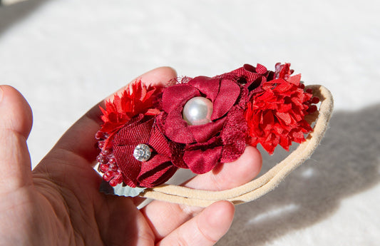 Red Delicate Headband for baby and Toddlers, Adorned with Rhinestone Pearls and Beautiful Red Flowers Perfect for Photoshoot Props and Gifts