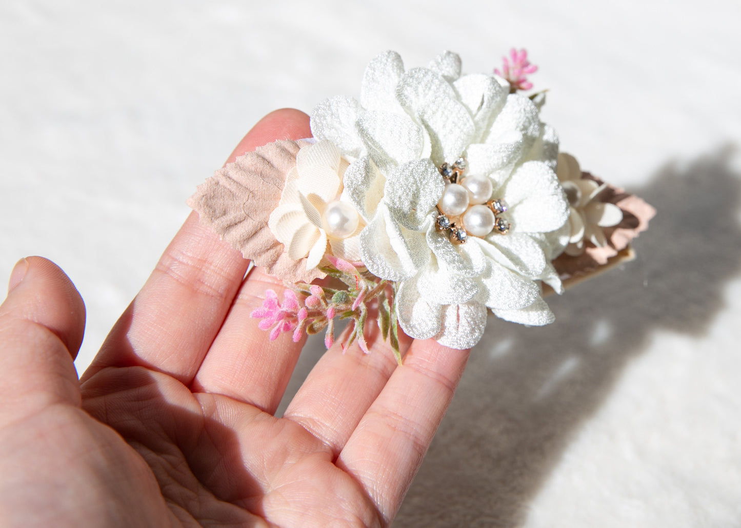 White beige Delicate baby Toddlers Headband, Adorned with Rhinestone Pearls and Beautiful Red Flowers Perfect for Photoshoot Props Gifts