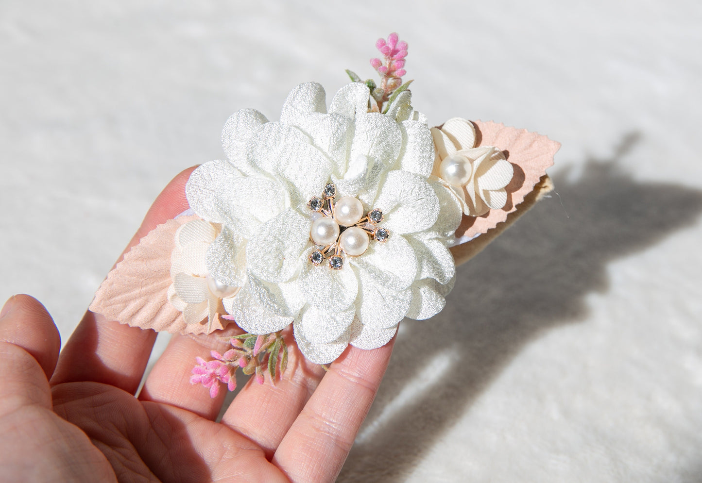 White beige Delicate baby Toddlers Headband, Adorned with Rhinestone Pearls and Beautiful Red Flowers Perfect for Photoshoot Props Gifts