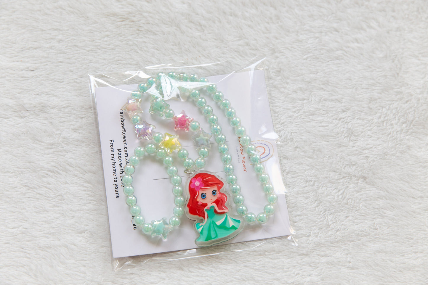 Red hair girl necklace and bracelet set, beads Princess girl toddler accessory, toy jewellery, gift for girls, green dress pendant charm