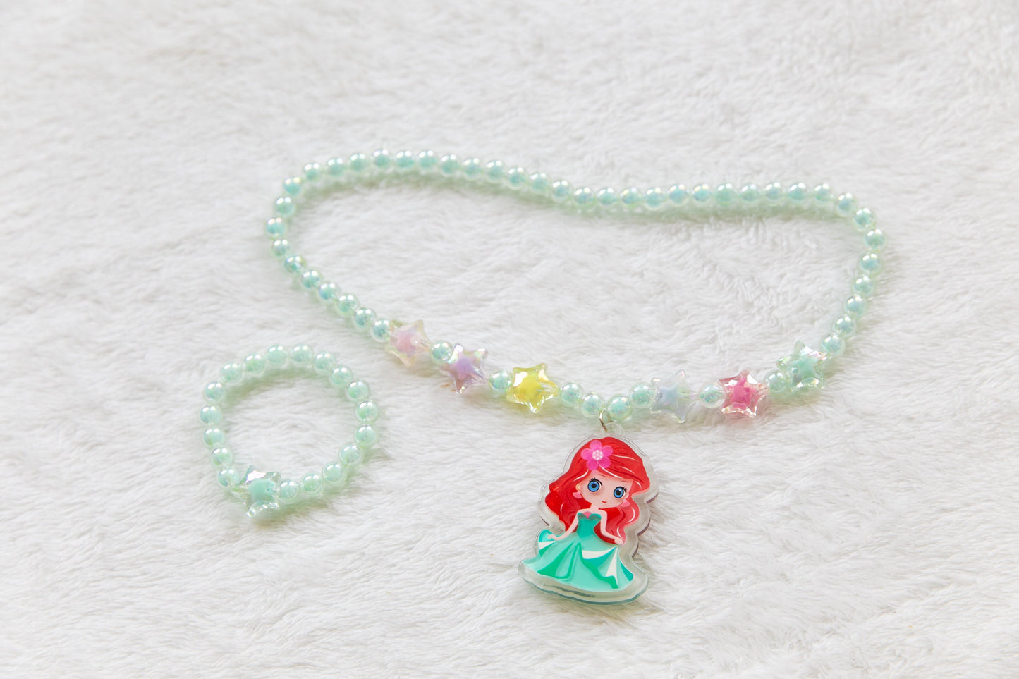 Red hair girl necklace and bracelet set, beads Princess girl toddler accessory, toy jewellery, gift for girls, green dress pendant charm