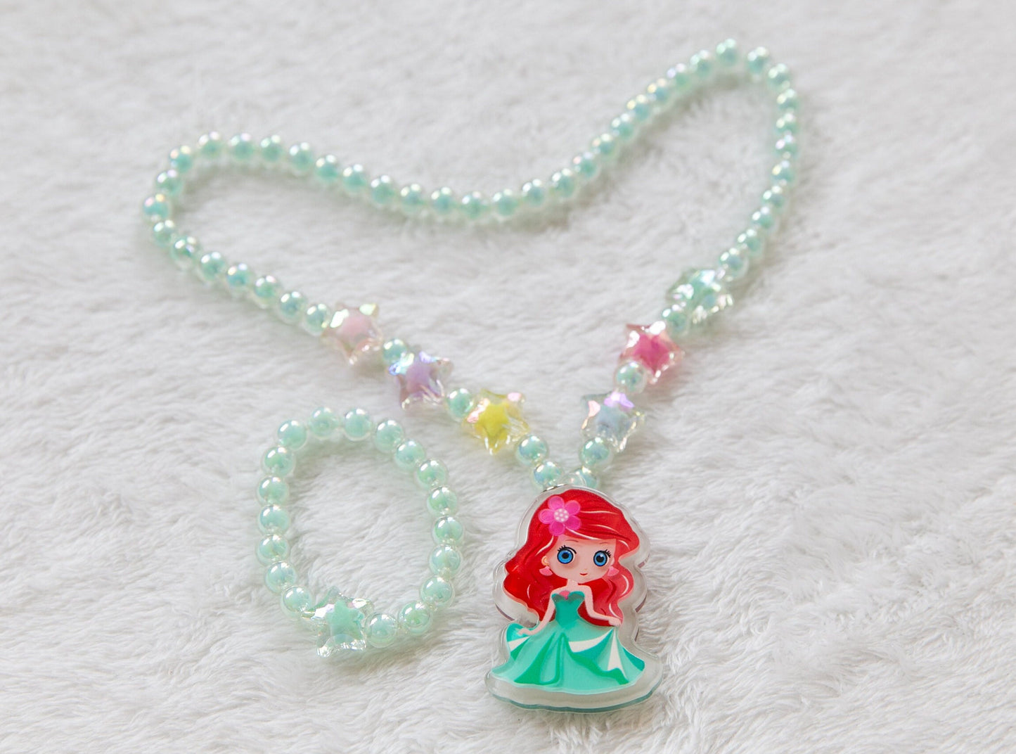 Red hair girl necklace and bracelet set, beads Princess girl toddler accessory, toy jewellery, gift for girls, green dress pendant charm