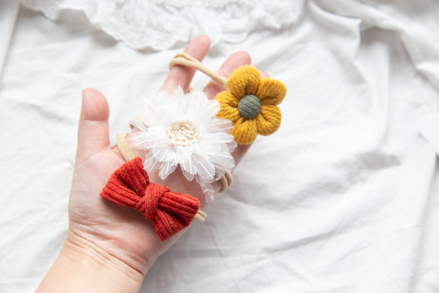 Set of 3 Soft Headbands: Perfect Gift for Newborn Girls – Red Bow, Yellow Floral, and White Floral baby Headbands cute girl hair accessory