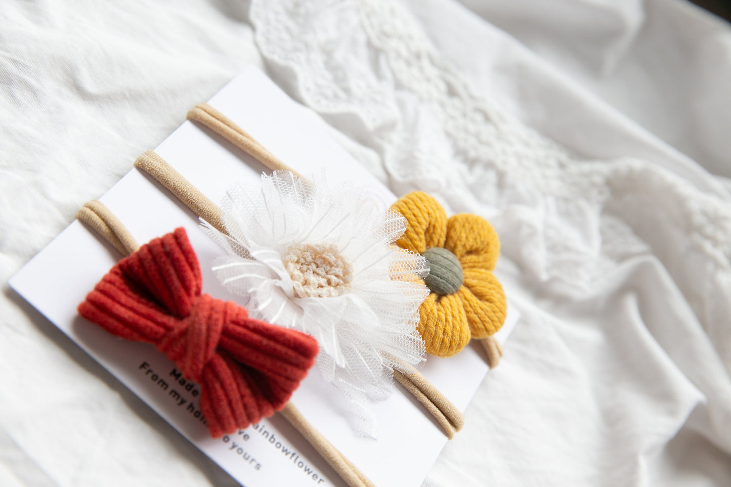 Set of 3 Soft Headbands: Perfect Gift for Newborn Girls – Red Bow, Yellow Floral, and White Floral baby Headbands cute girl hair accessory