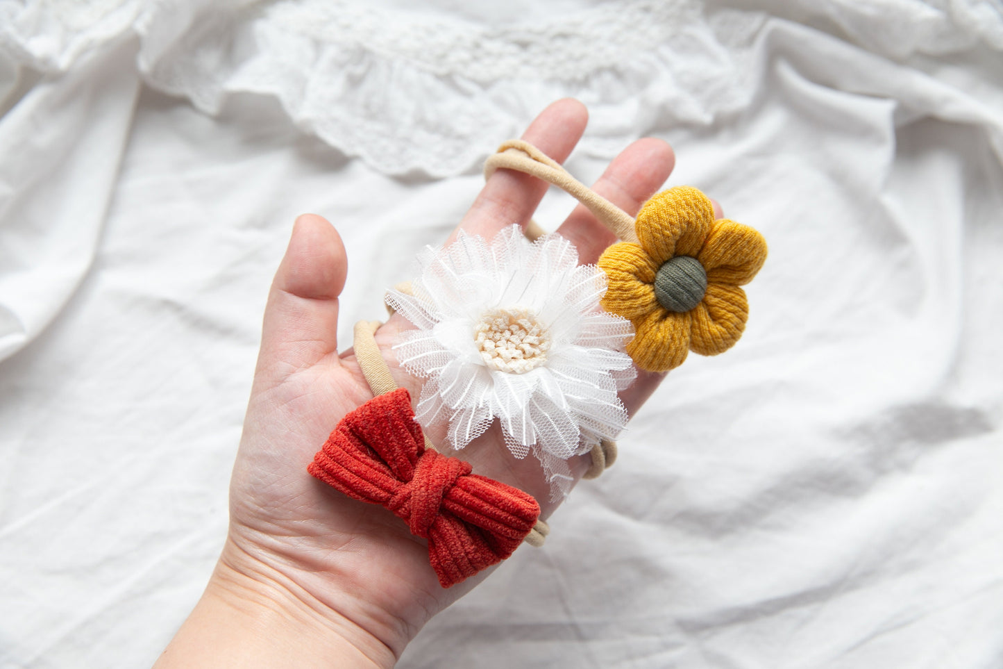 Set of 3 Soft Headbands: Perfect Gift for Newborn Girls – Red Bow, Yellow Floral, and White Floral baby Headbands cute girl hair accessory