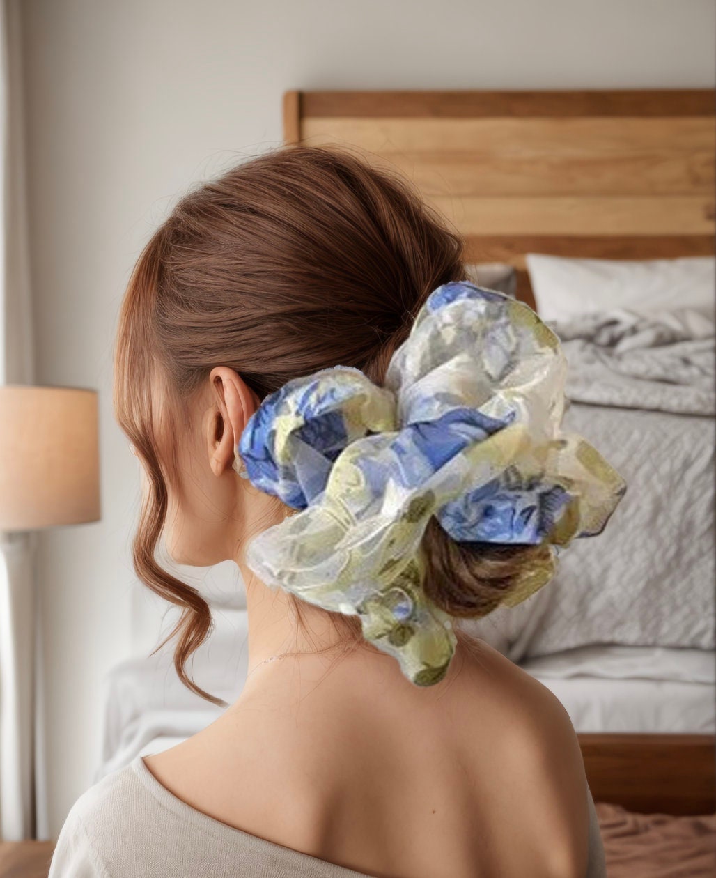 Oversize Floral Chiffon Women Scrunchie, statement piece fashion effortless chic style Scrunchie, classic elegant elastic Hair tie accessory