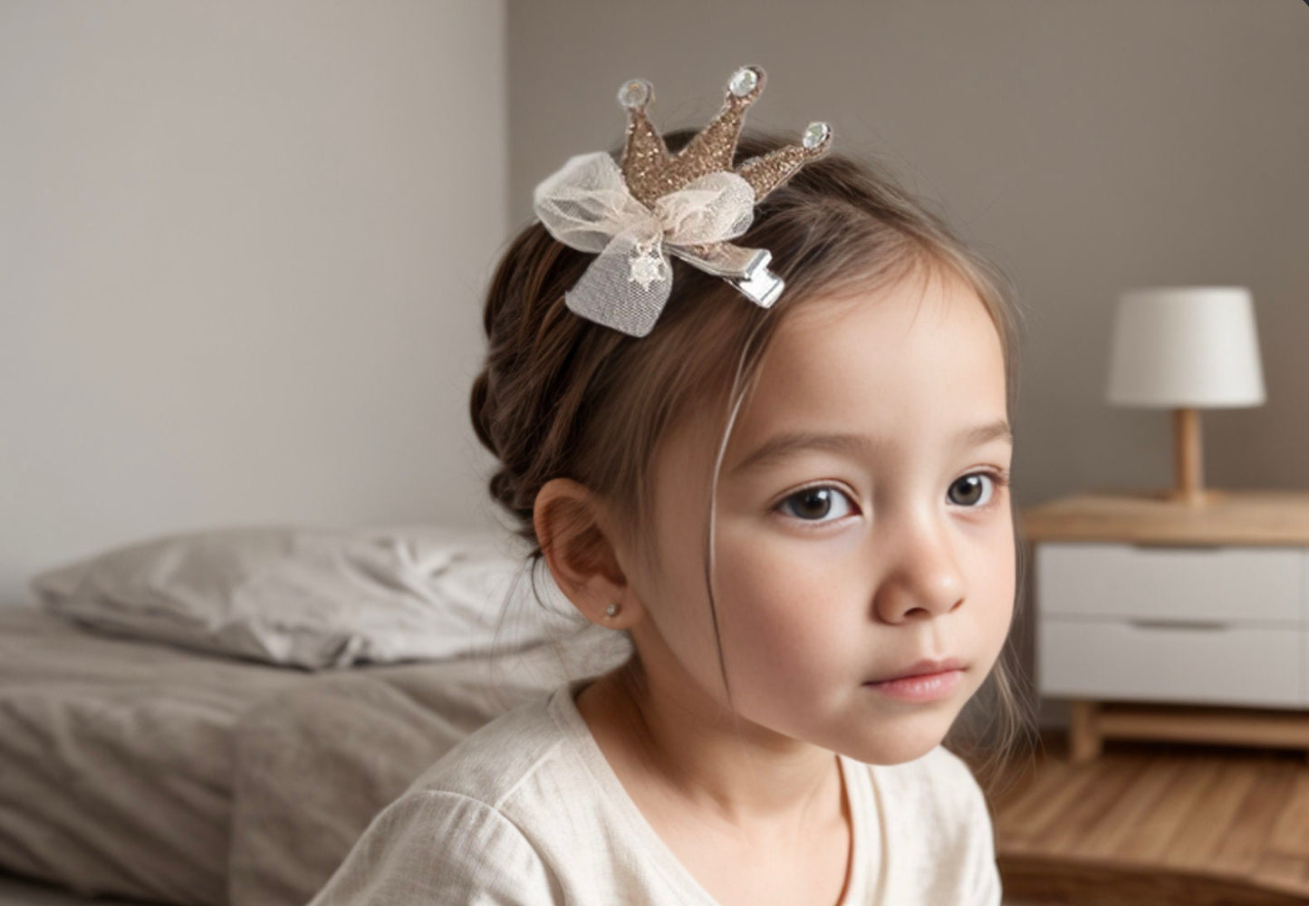 Unique Golden Silver Princess crown hair clip with rhinestone baby girl toddler kid hair bow accessory, birthday girl hair clip queen cute