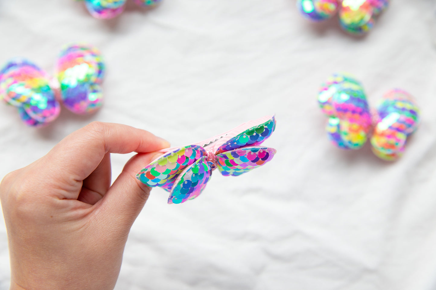 Handmade Neon Rainbow Sequin Butterfly Hair Clip - Vibrant Sequin Bow for Birthday Parties and Special Occasions Unique Party Hair Bow Gift