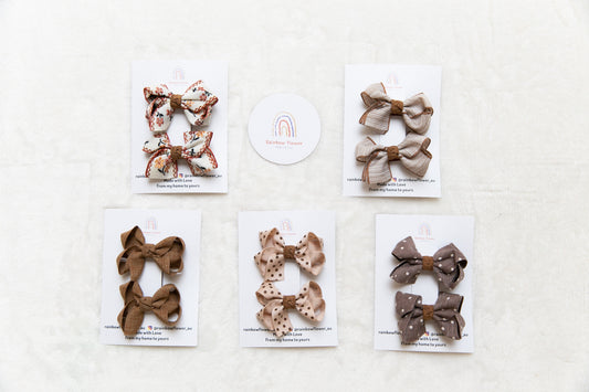 Earthy tones Baby Toddler girl bow hair Clip sets, Beautiful fabric Infant Fringe Clips, beige brown floral dots Pigtail hair bow party gift