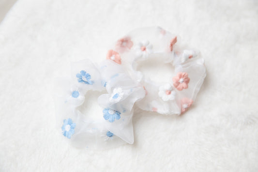 Chiffon embroidered Flower Scrunchie, mother&#39;s day gift, Hair Accessories, unique gift for toddler kids teen, embroidery hair scrunchy