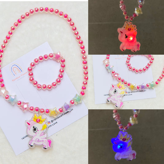 Lighting Pink Unicorn girl necklece bracelet toy jewellery set