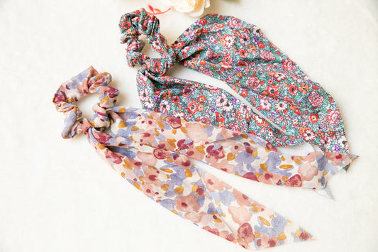 Soft Scarf Scrunchies, elegant Hair Scrunchies Scarf,  polka dots Floral Hair Scarf with knot, gift for her,  Elastic Hair Tie, gift for her