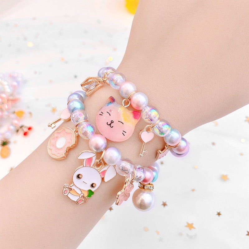 High Quality girl bracelet, baby toddler kids Cat Bunny Donut Flower pearl rhinestone key bracelet