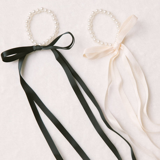 Elegant pearl black and white bow elastic hair ties, classic minimalist ribbon heart shape hair ties, not real pearl daily essential