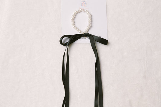 Elegant pearl black and white bow elastic hair ties, classic minimalist ribbon heart shape hair ties, not real pearl daily essential