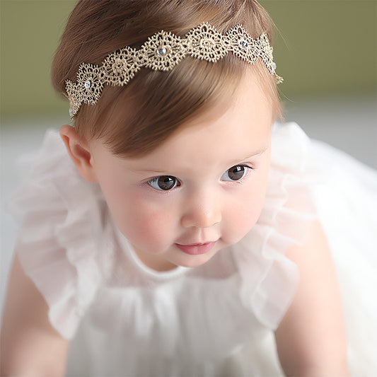 Golden flower heart lace baby headband, wedding flower girl headband, toddler flower crown, baby shower gift neutral colours lace love