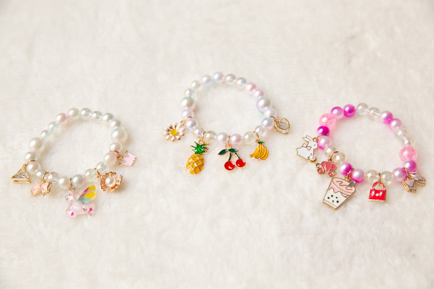 Toddler Girl bracelet, kids Unicorn shell pineapple cherry pearl milktea bunny bracelet, flower girl gift jewelry, wedding jewelry for kids