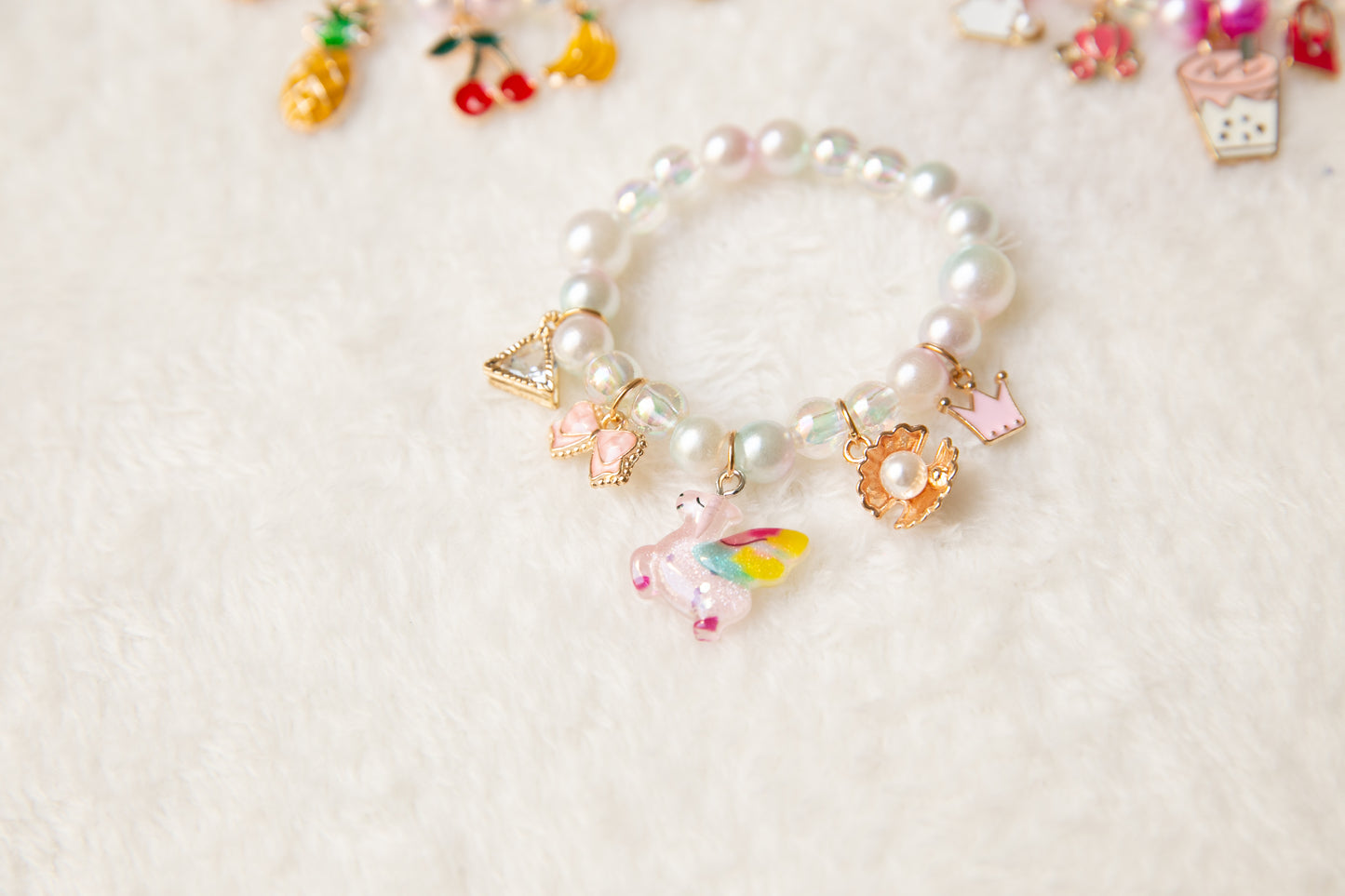 Toddler Girl bracelet, kids Unicorn shell pineapple cherry pearl milktea bunny bracelet, flower girl gift jewelry, wedding jewelry for kids