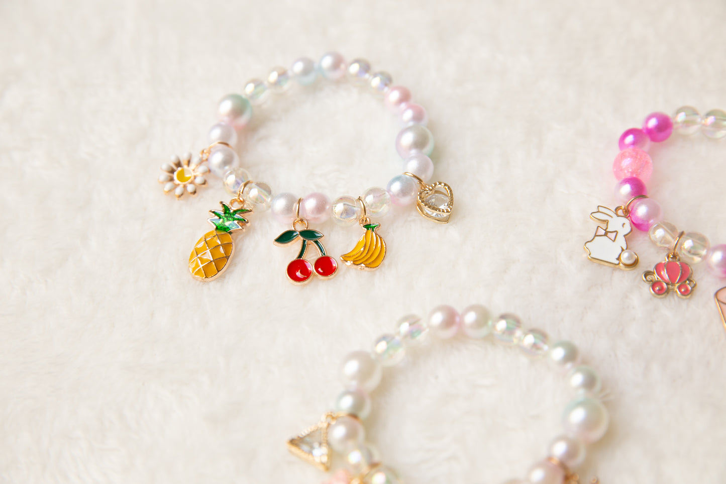 Toddler Girl bracelet, kids Unicorn shell pineapple cherry pearl milktea bunny bracelet, flower girl gift jewelry, wedding jewelry for kids