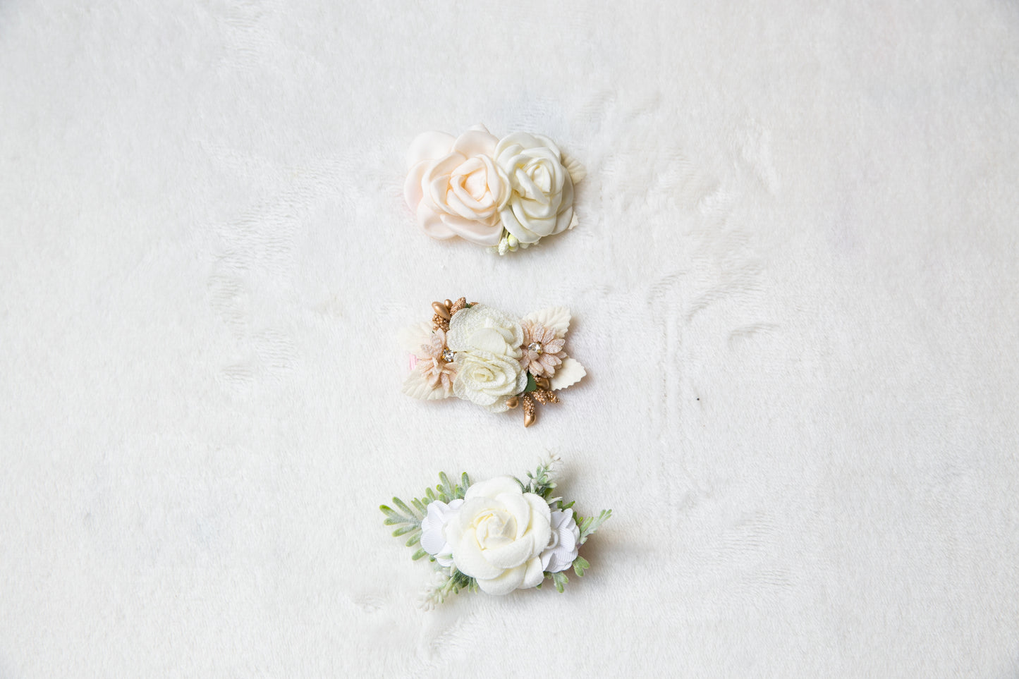 White Beige floral hair clip for Flower girl toddler, christening hair baptism