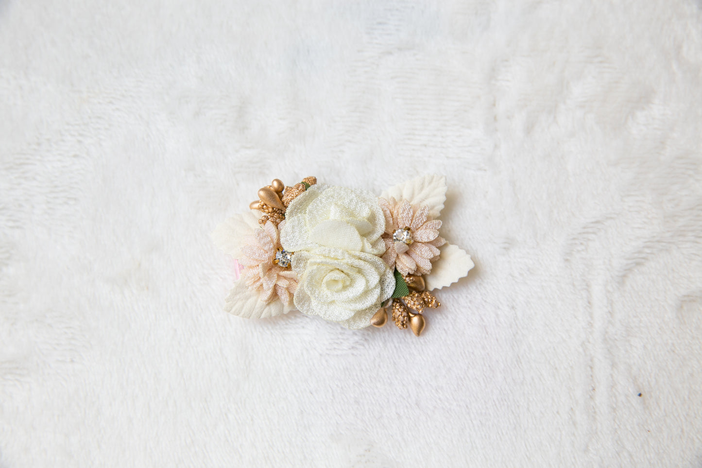 White Beige floral hair clip for Flower girl toddler, christening hair baptism