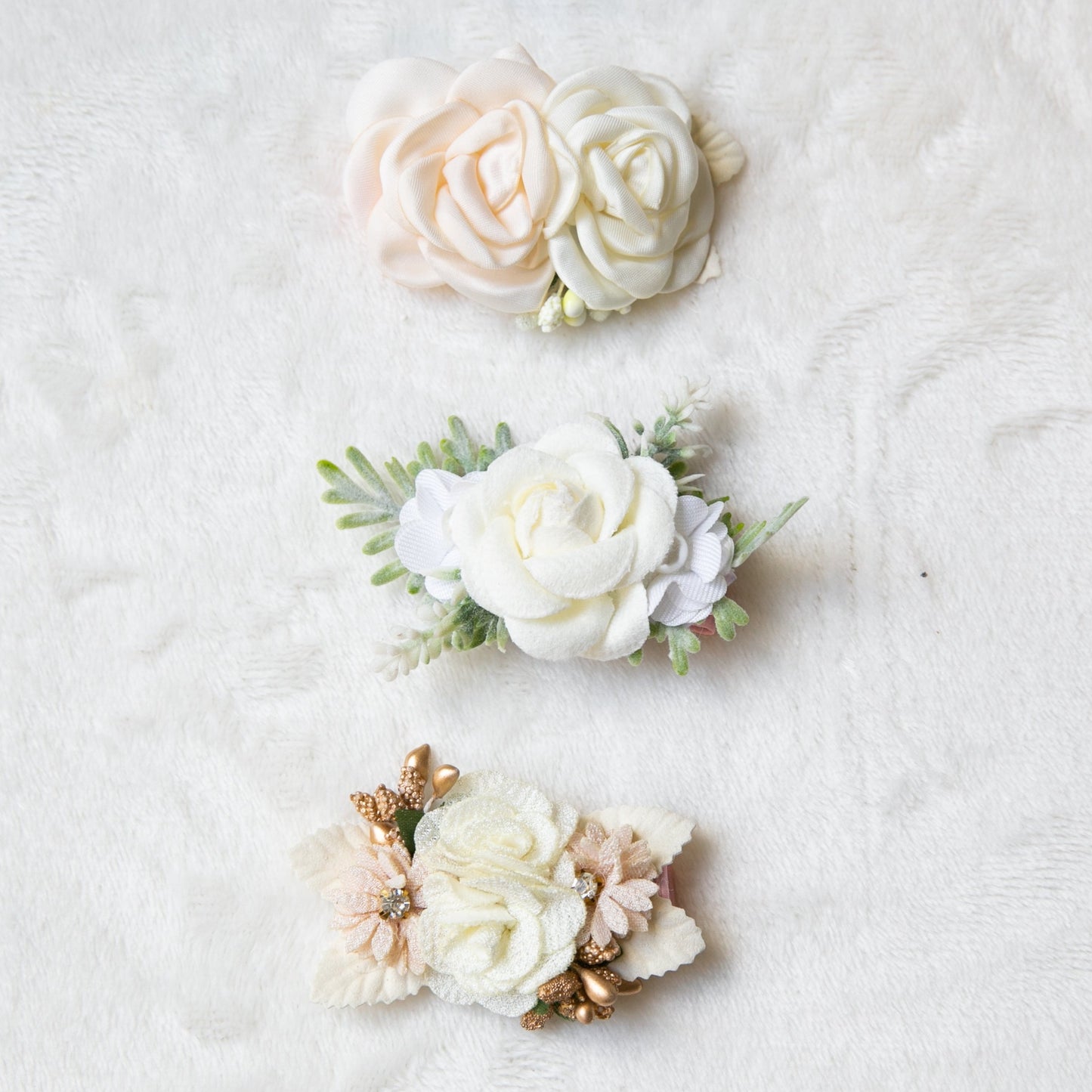 White Beige floral hair clip for Flower girl toddler, christening hair baptism