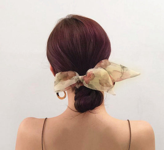 Oversize Floral Chiffon Bow Scrunchie scarf, vintage style Scrunchie With Long Tails, classic elegant Hair scrunchie set, elastic Hair ties