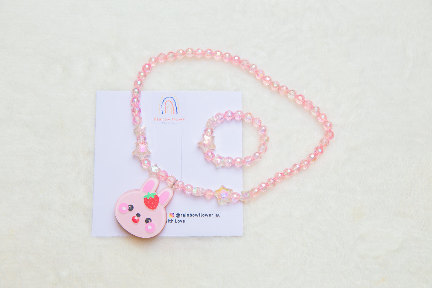 Big Pink Bunny girl necklace and bracelet set, star beads girl toddler toy jewellery gift for girls pendant charm animal rabbit bracelet set