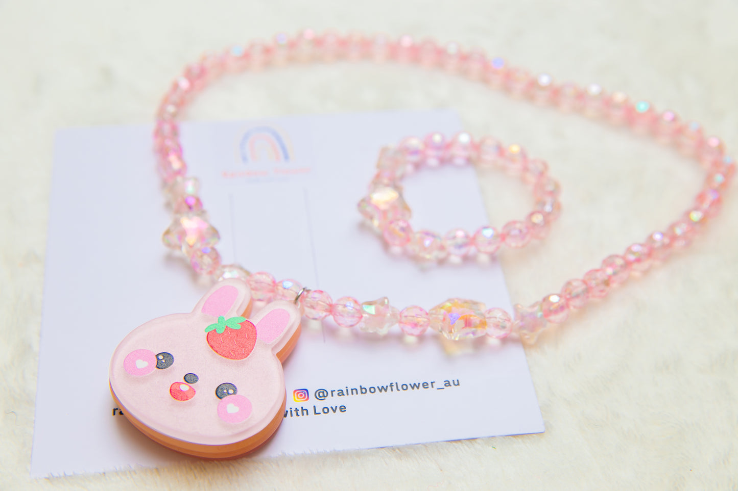 Big Pink Bunny girl necklace and bracelet set, star beads girl toddler toy jewellery gift for girls pendant charm animal rabbit bracelet set