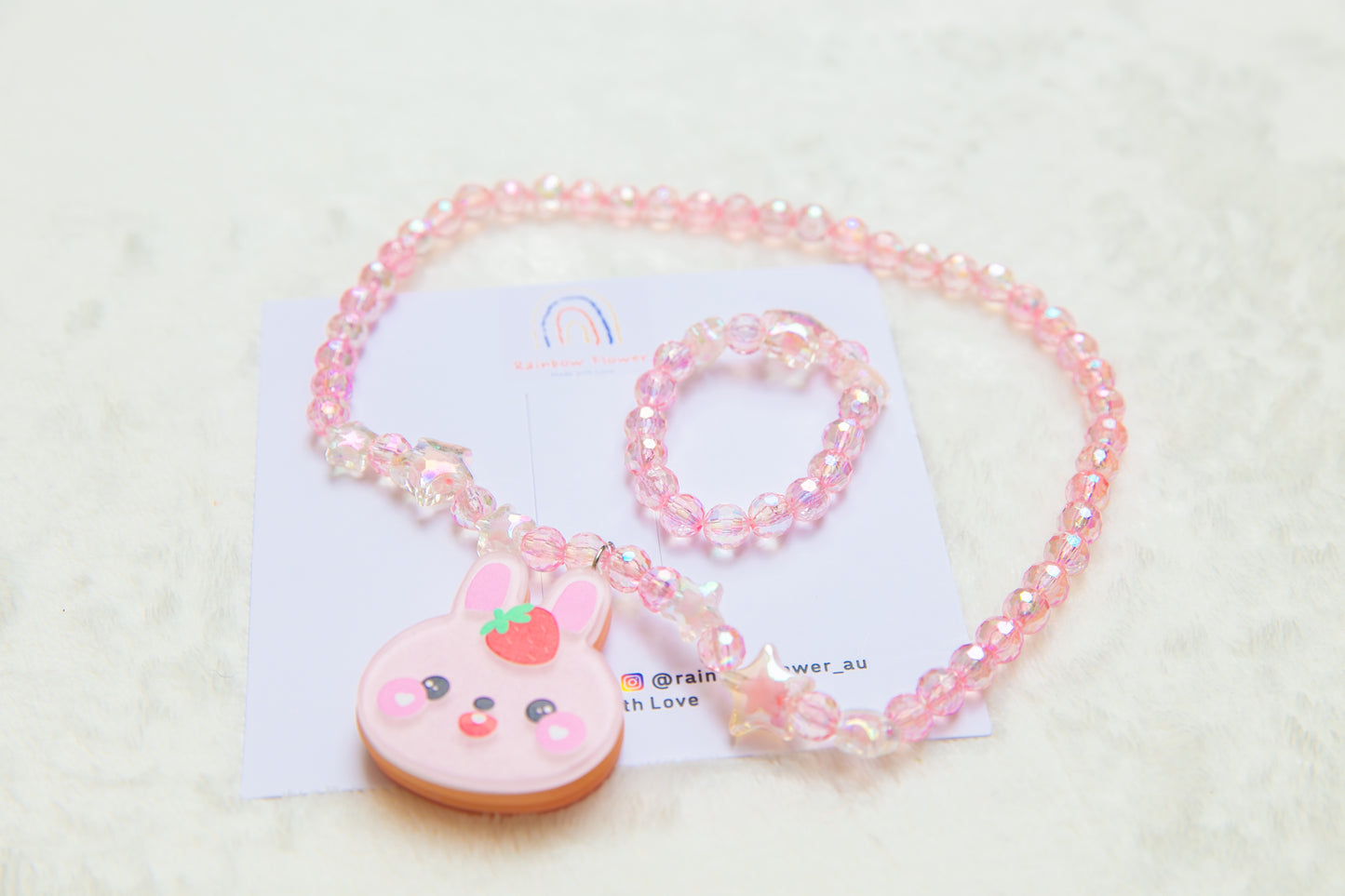 Big Pink Bunny girl necklace and bracelet set, star beads girl toddler toy jewellery gift for girls pendant charm animal rabbit bracelet set