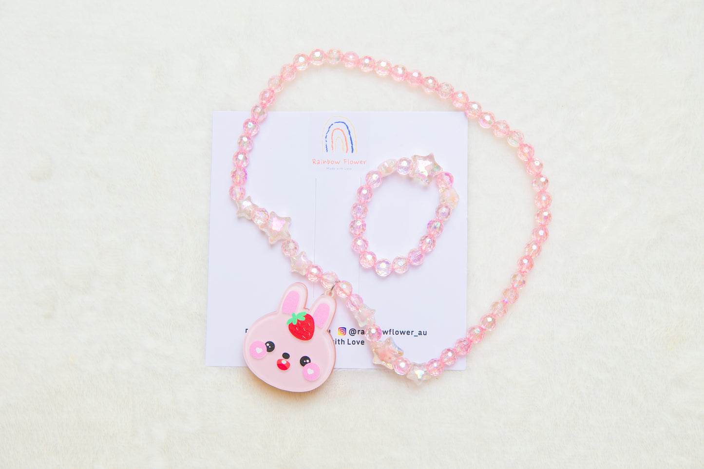 Big Pink Bunny girl necklace and bracelet set, star beads girl toddler toy jewellery gift for girls pendant charm animal rabbit bracelet set