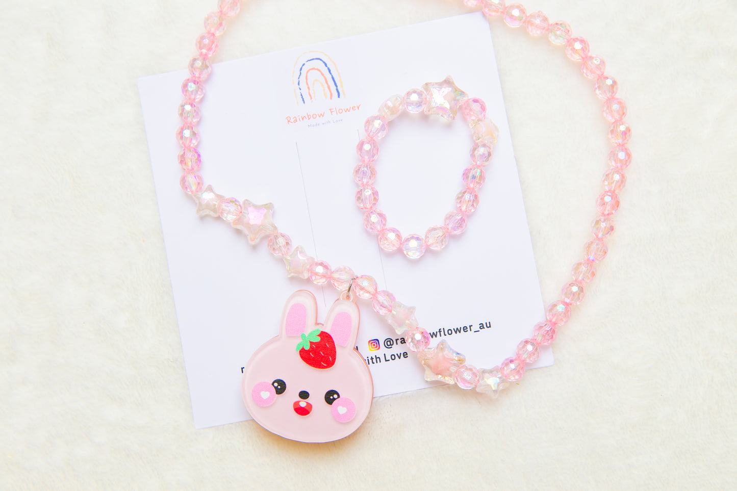 Big Pink Bunny girl necklace and bracelet set, star beads girl toddler toy jewellery gift for girls pendant charm animal rabbit bracelet set