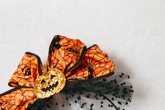 Oversized Women teen girls Halloween headband, spooky scary pumpkin spider web orange bow hair loop halloween party accessory Cosplay