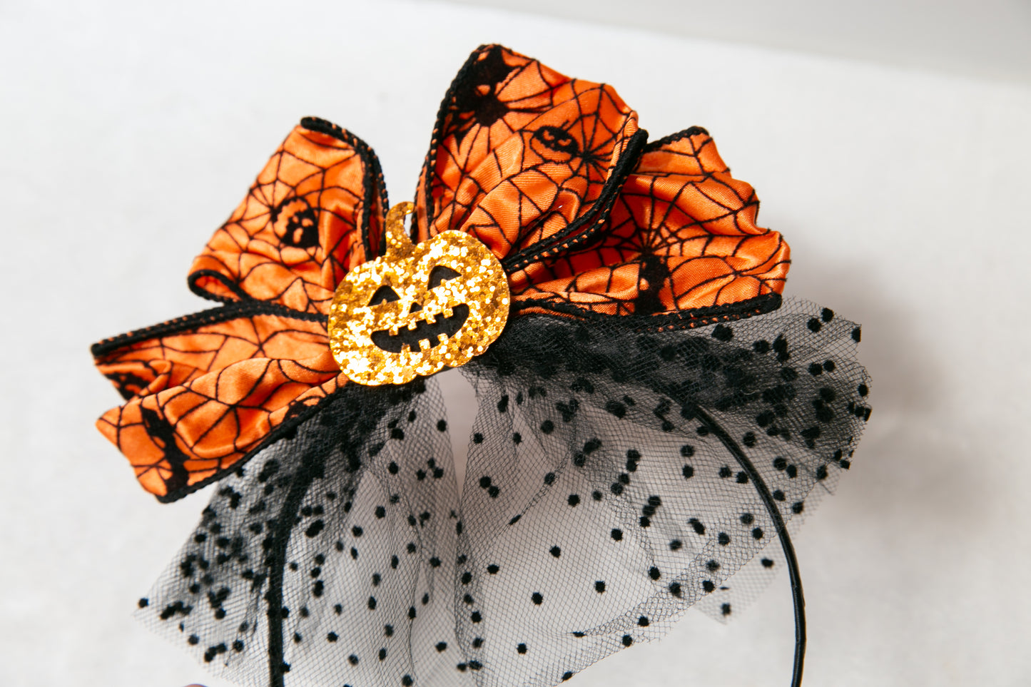 Oversized Women teen girls Halloween headband, spooky scary pumpkin spider web orange bow hair loop halloween party accessory Cosplay