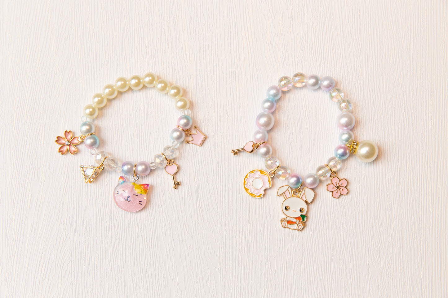 High Quality girl bracelet, baby toddler kids Cat Bunny Donut Flower pearl rhinestone key bracelet