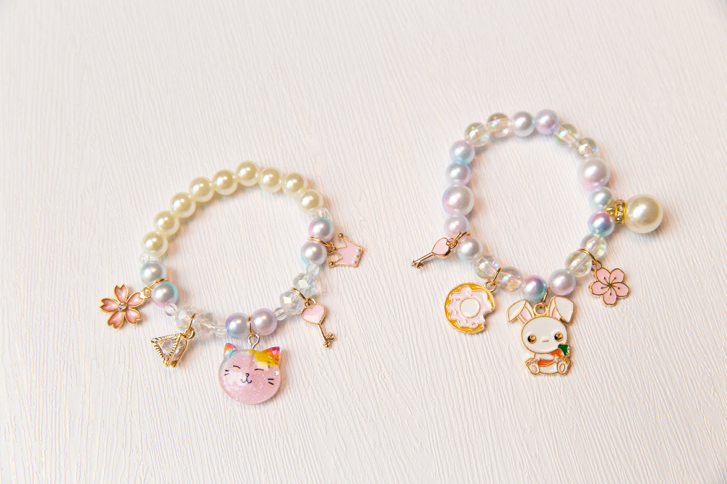 High Quality girl bracelet, baby toddler kids Cat Bunny Donut Flower pearl rhinestone key bracelet