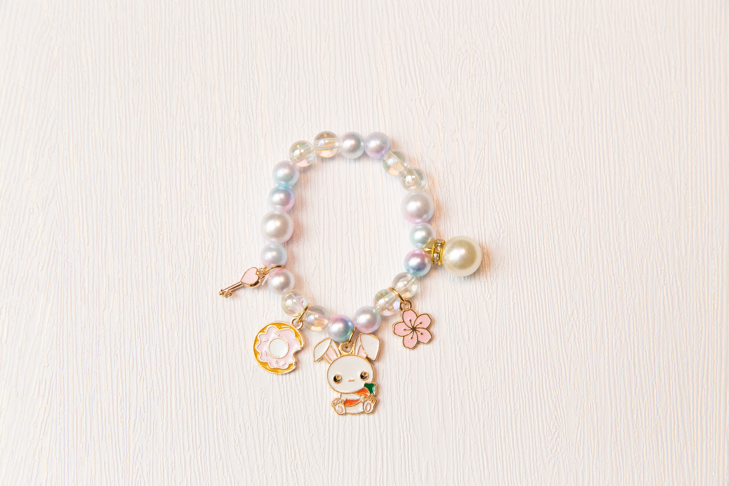 High Quality girl bracelet, baby toddler kids Cat Bunny Donut Flower pearl rhinestone key bracelet