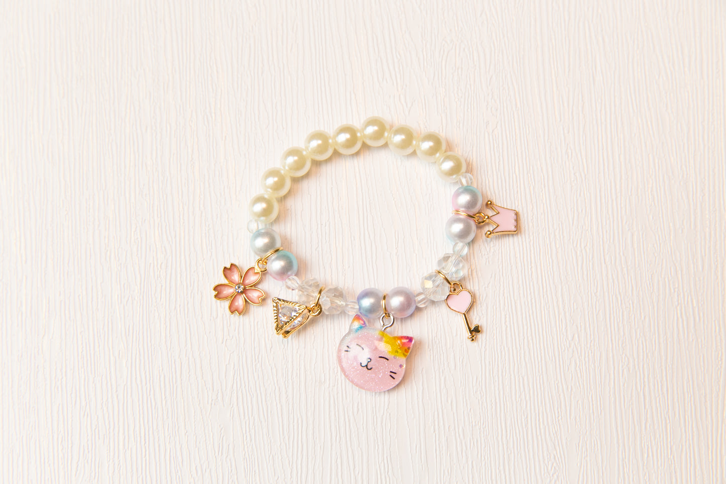 High Quality girl bracelet, baby toddler kids Cat Bunny Donut Flower pearl rhinestone key bracelet